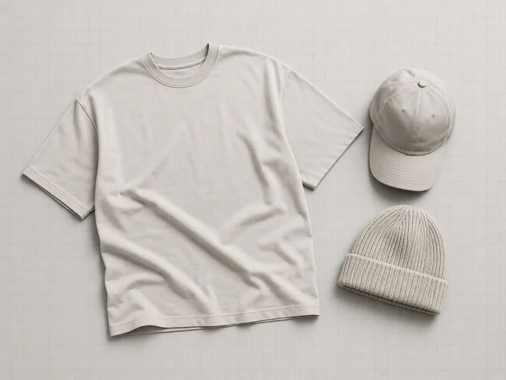 A minimalist flat-lay showing a blank t-shirt, dad hat, and beanie