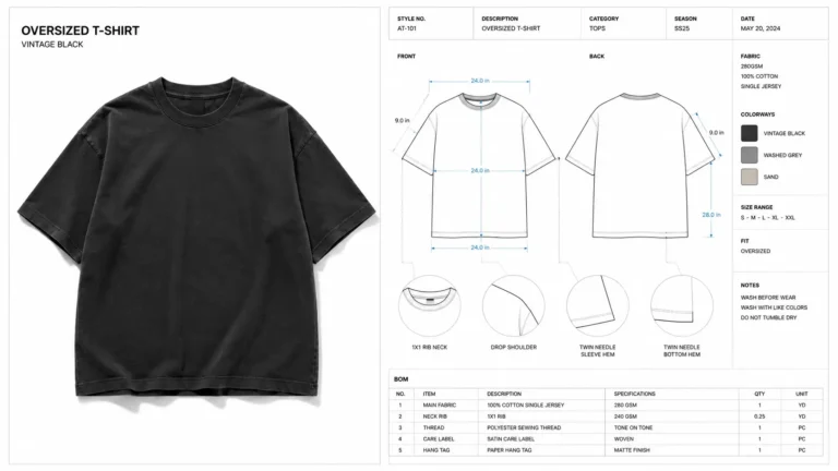 Comparison showing how to communicate with clothing manufacturers using a tech pack versus a mockup image