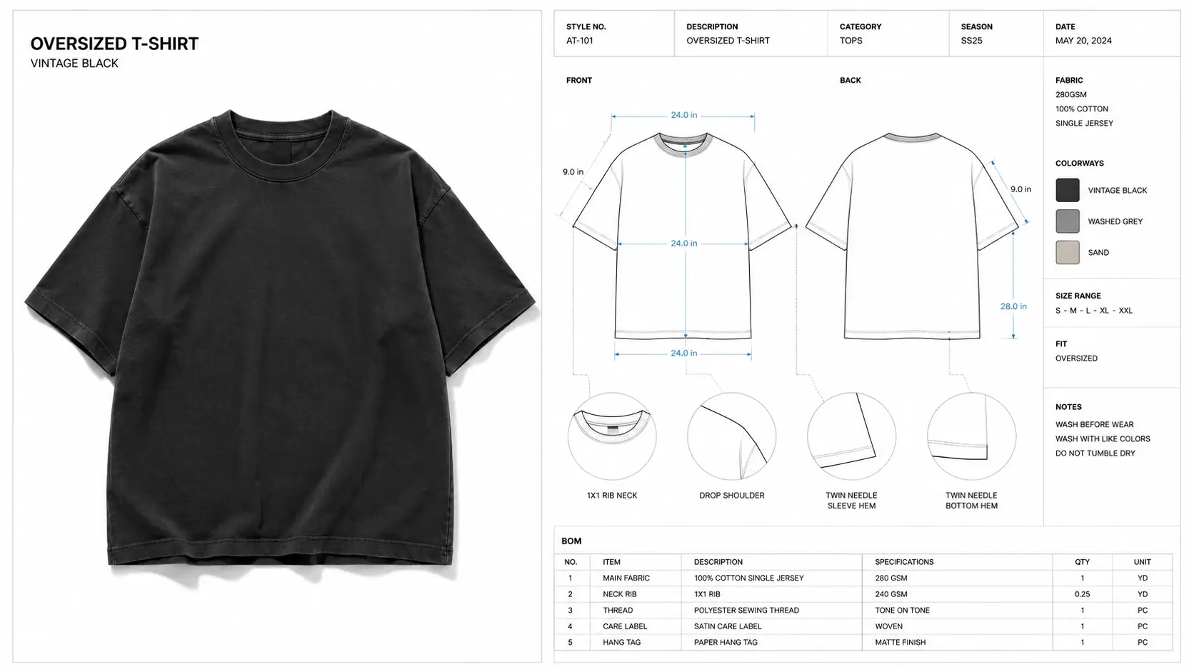 Comparison showing how to communicate with clothing manufacturers using a tech pack versus a mockup image