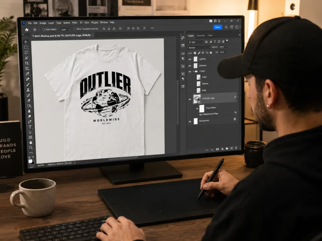 Designer editing clothing mockups in Photoshop for Shopify store pre-order product pages