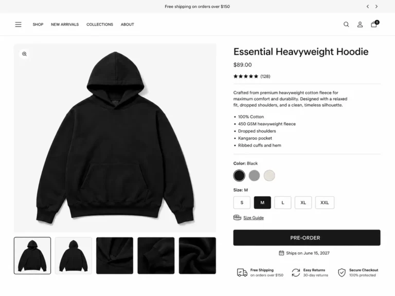 Shopify clothing brand mockups uploaded to product page showing correct image size and layout