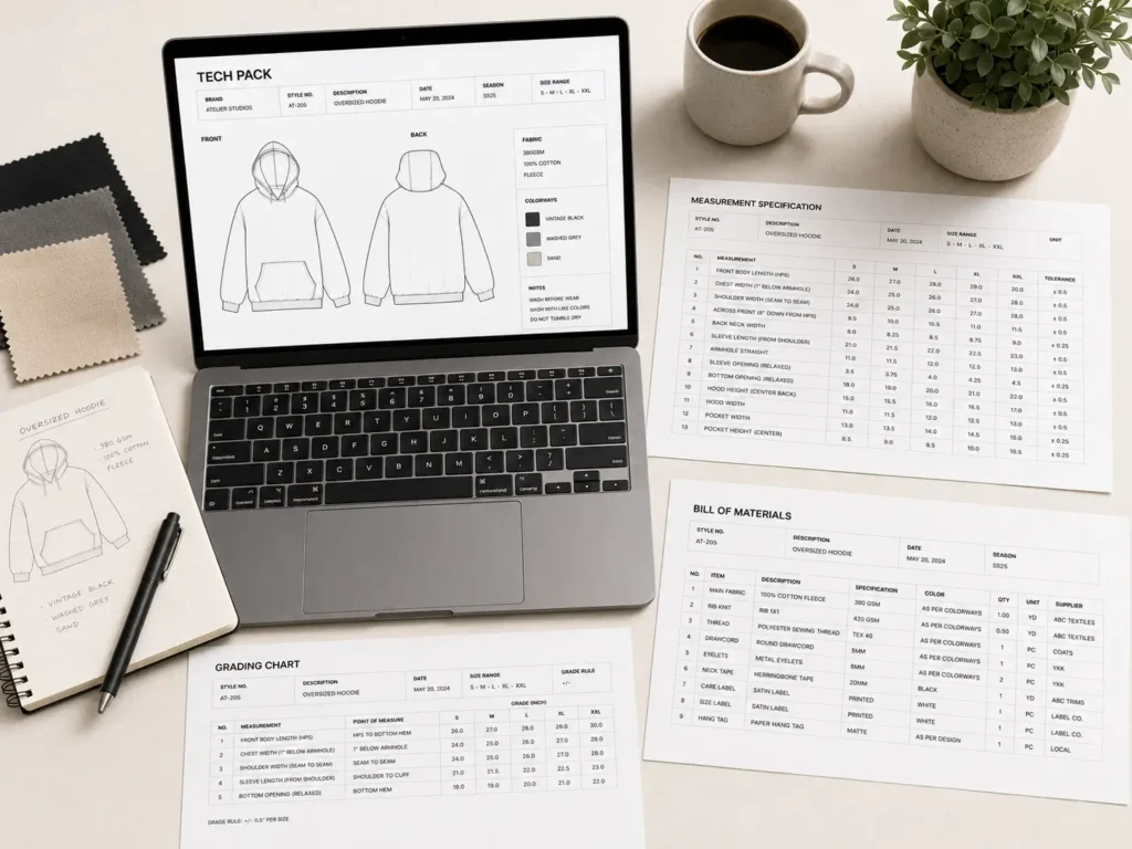 S.i. Graphics Techpack Mega Bundle templates displayed on laptop — best tool for communicating with clothing manufacturers