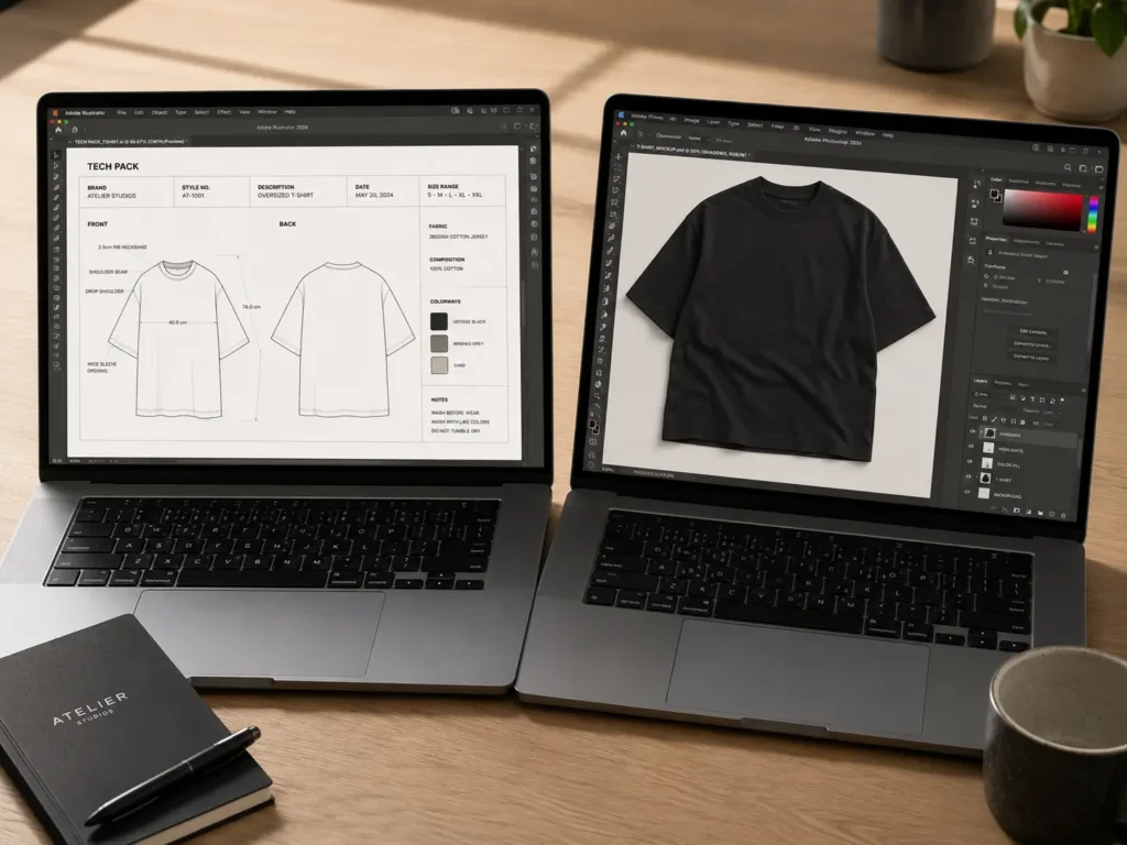 S.i. Graphics Designer Bundle showing tech pack template and clothing mockup for starting a clothing brand