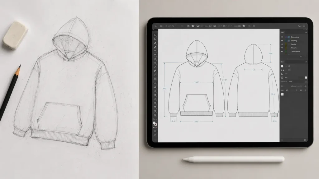 Professional software for starting a clothing brand showing the transition from sketch to manufacturer tech pack