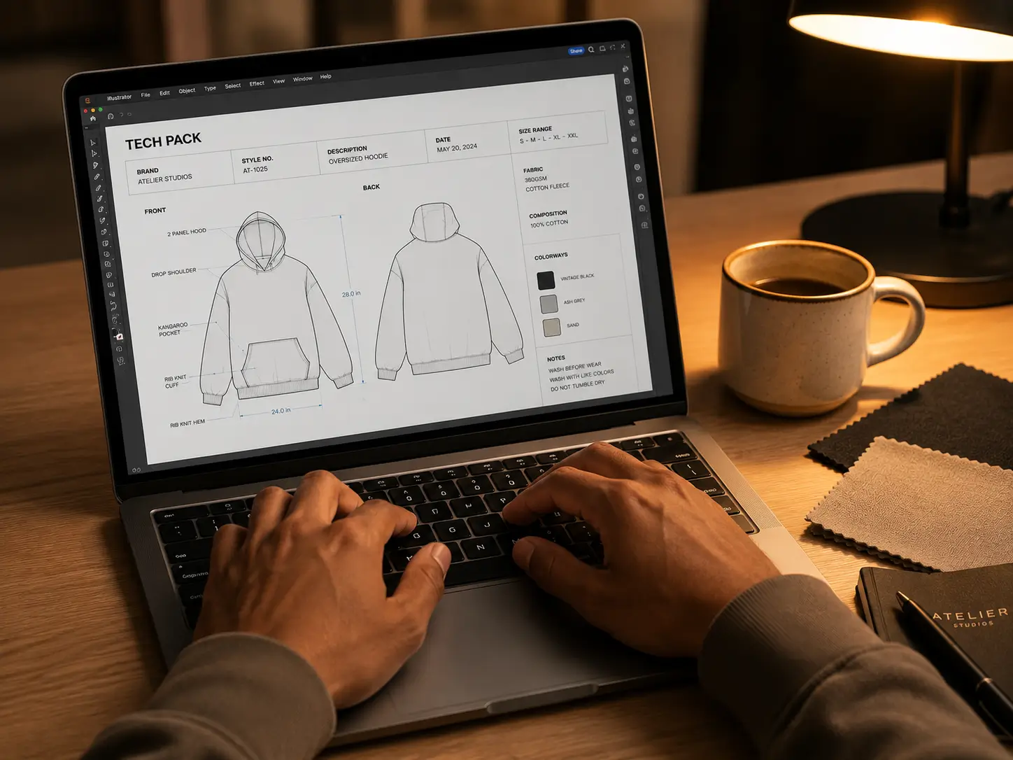 Non-designer clothing brand founder using software for starting a clothing brand with tech pack template on laptop