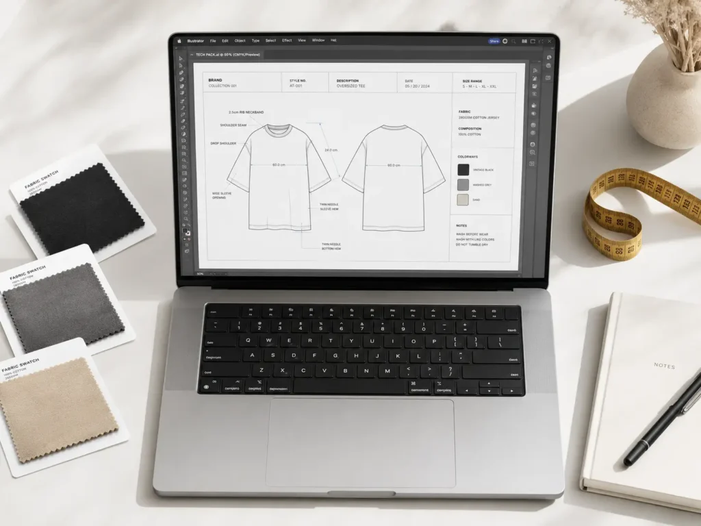 Top software tools for starting a clothing brand including Adobe Illustrator tech pack on laptop screen
