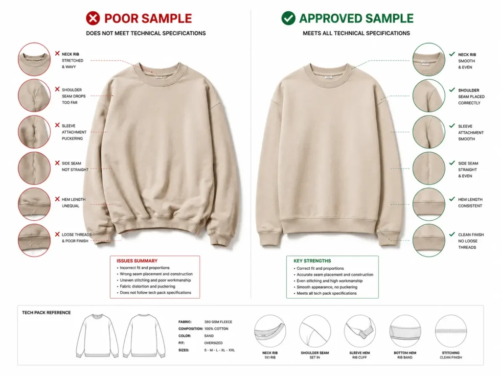 Before and after garment sample comparison showing results of what to send overseas factory — correct clothing manufacturer documentation versus none