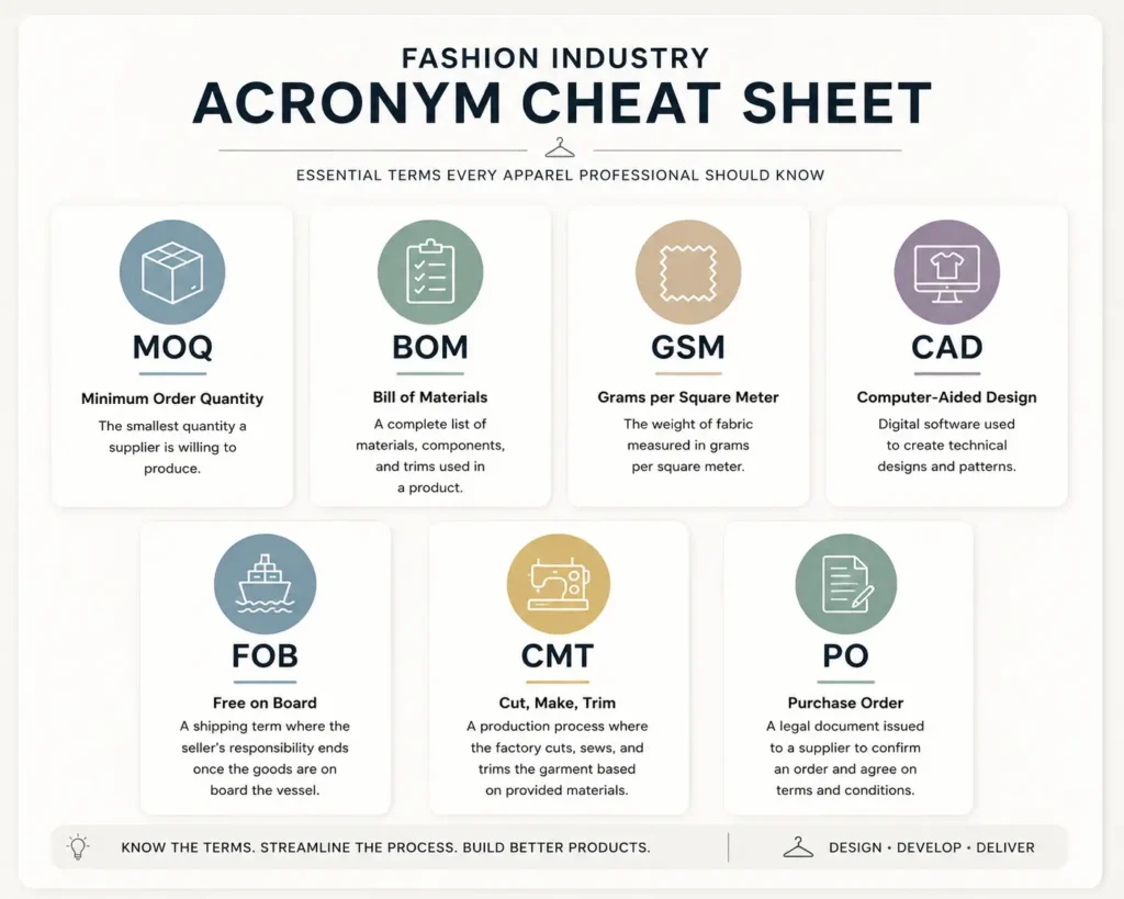 Apparel manufacturing glossary acronym cheat sheet for clothing brand founders