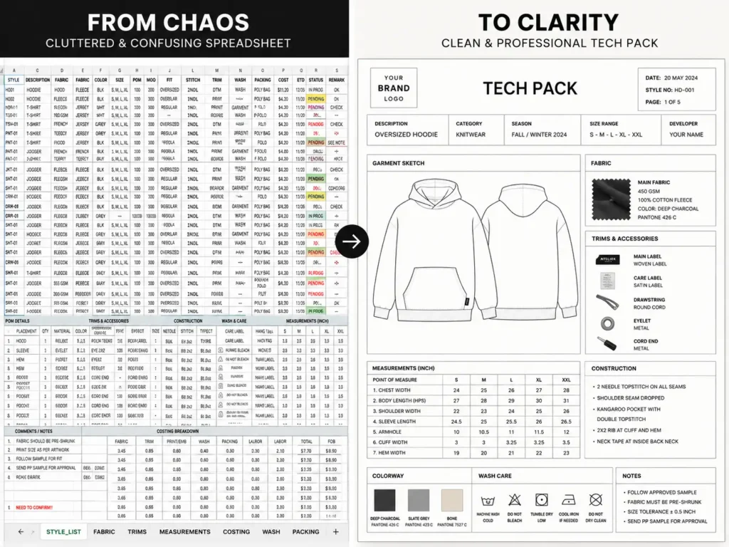 Comparison of a messy DIY Excel spreadsheet versus a professional fashion tech pack template layout