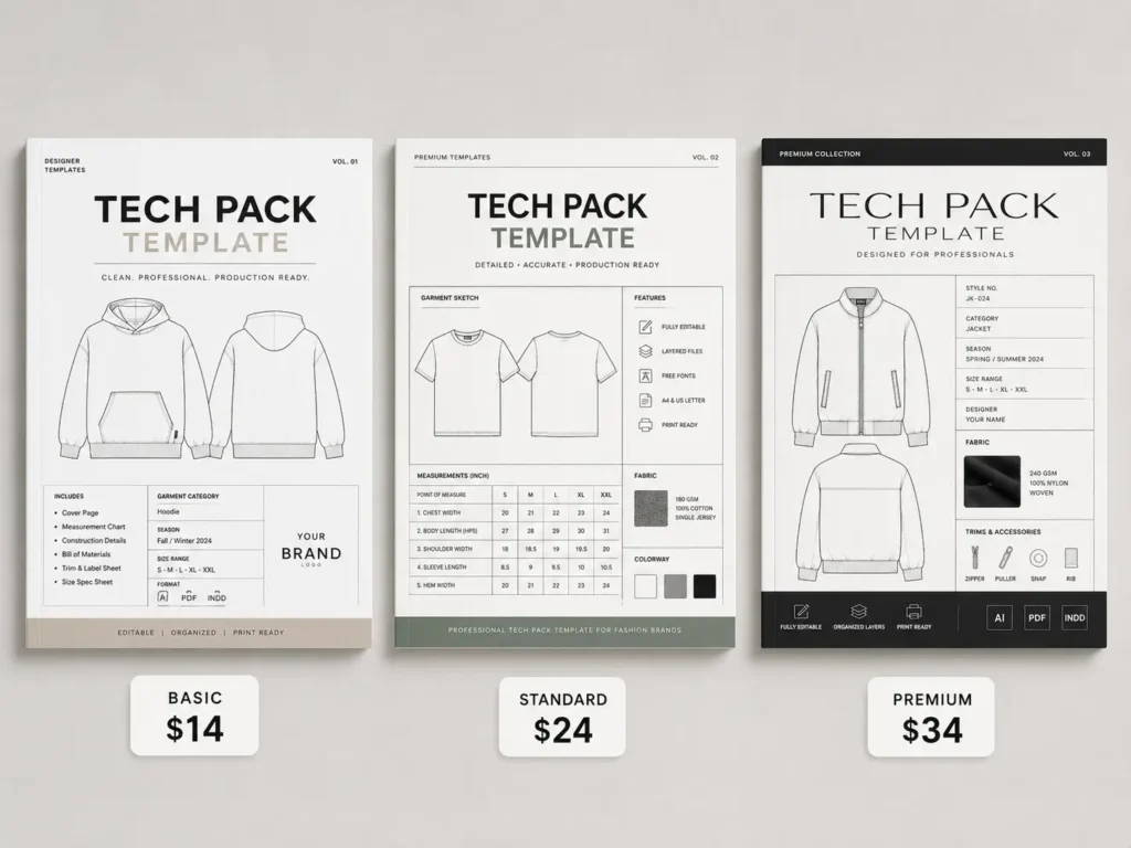 Three fashion tech pack template product options including basic, Illustrator, and mega bundle versions
