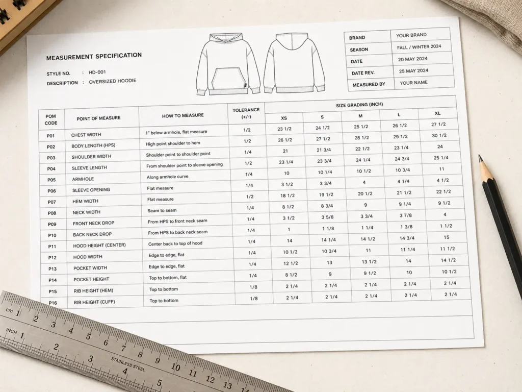 Graded measurement chart showing Point of Measure specs across multiple garment sizes