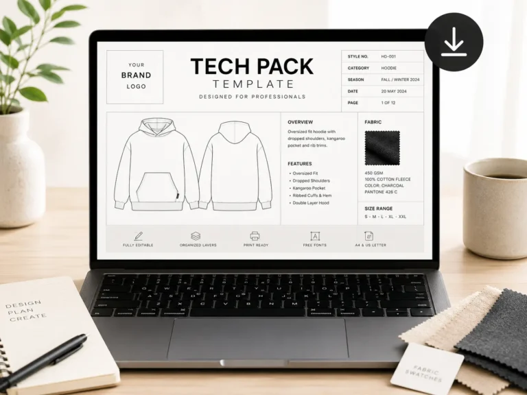 Instantly downloadable professional fashion tech pack template cover page ready to customize