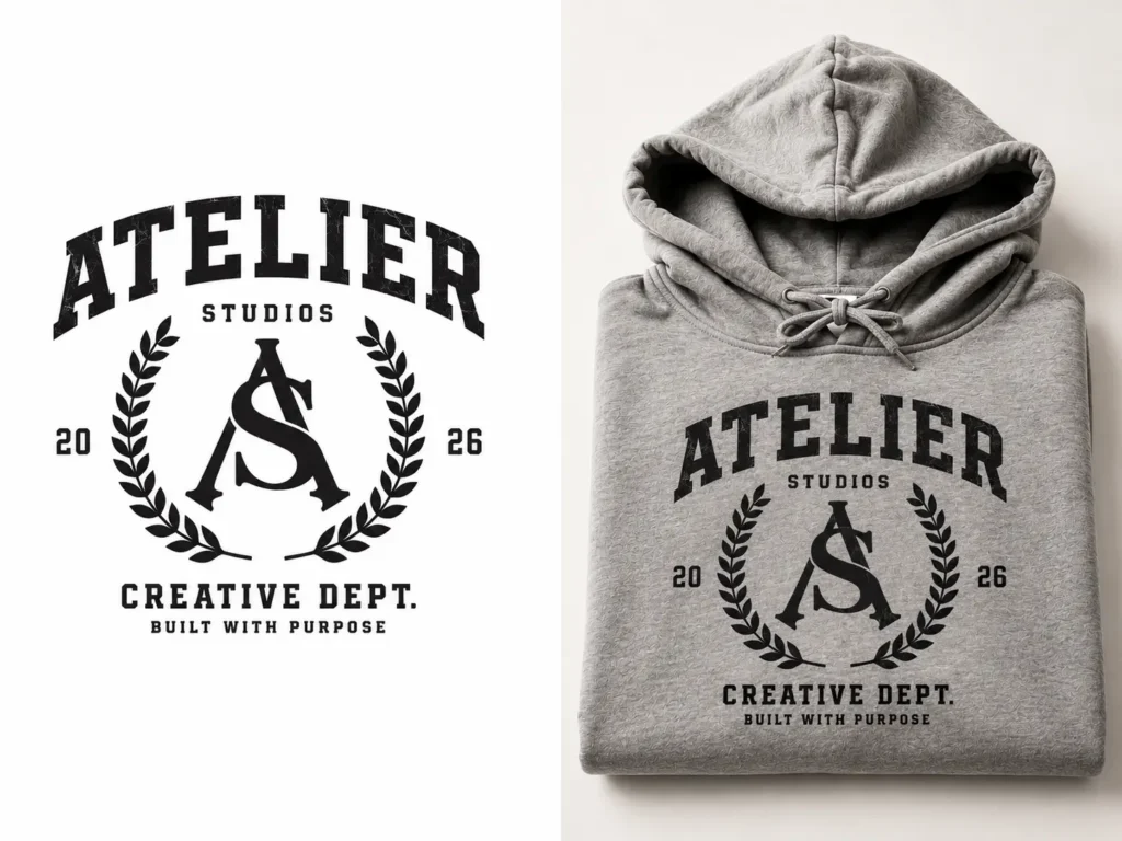 Before and after: flat logo design vs realistic Photoshop clothing mockups on a hoodie