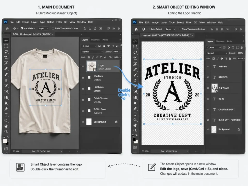 Double-clicking a smart object thumbnail to edit a clothing mockup design in Photoshop