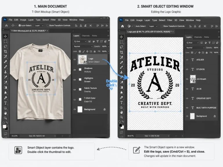 Double-clicking a smart object thumbnail to edit a clothing mockup design in Photoshop