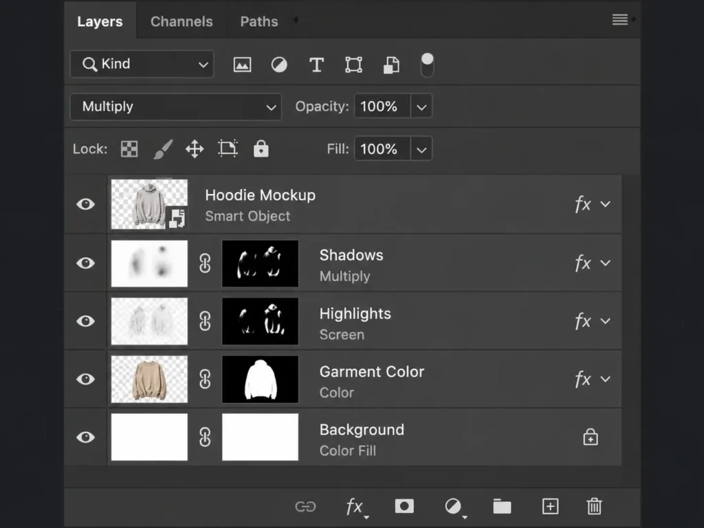 Photoshop layers panel showing smart object clothing layer for mockup editing