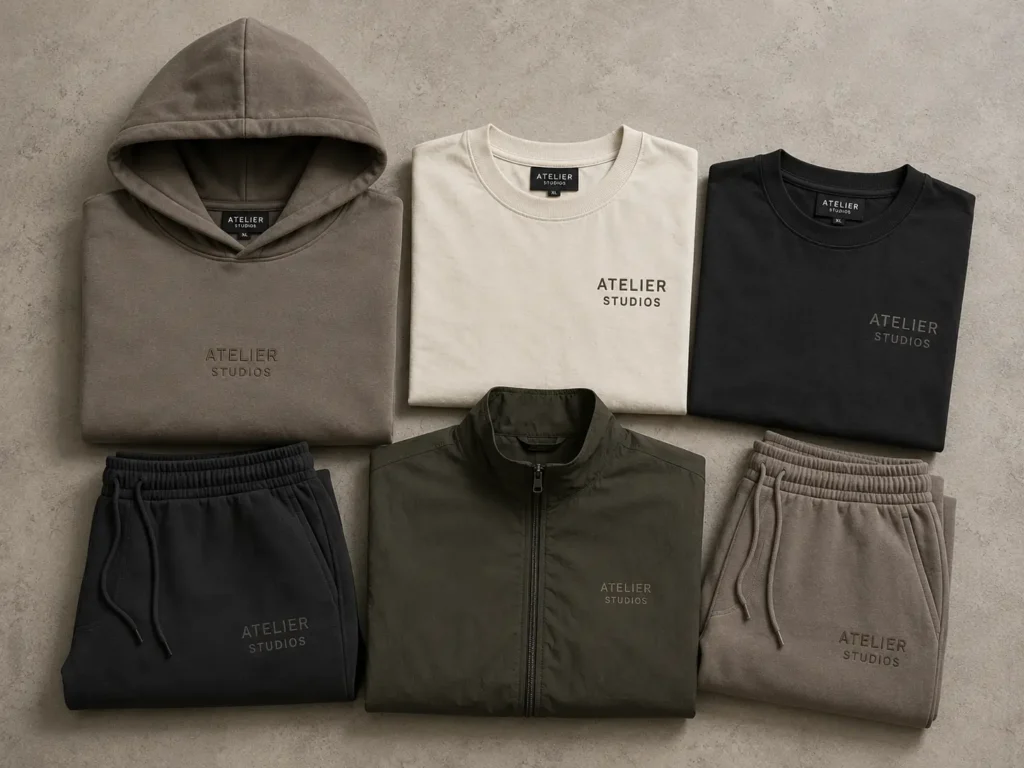 Variety of streetwear clothing mockups including hoodies tees and zip-ups for apparel design
