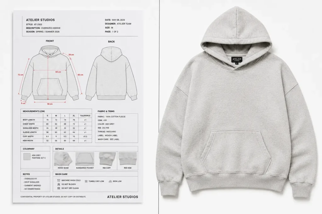 Example tech pack page next to finished garment showing apparel manufacturing glossary terms