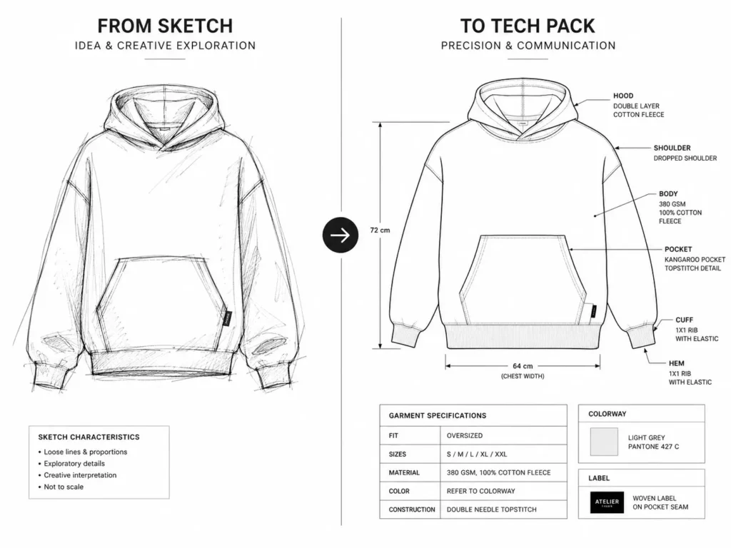 Technical flat sketch with measurement callouts used in a professional fashion tech pack