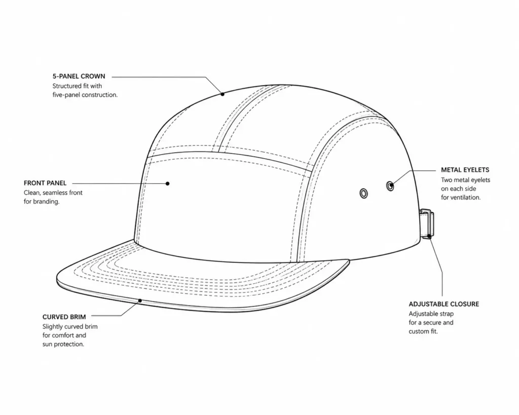 Annotated 5-panel cap manufacturing specs diagram showing brim curve and eyelet placement