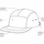 Annotated 5-panel cap manufacturing specs diagram showing brim curve and eyelet placement