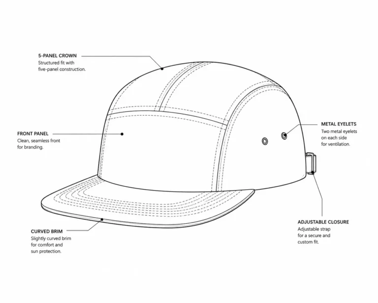 Annotated 5-panel cap manufacturing specs diagram showing brim curve and eyelet placement