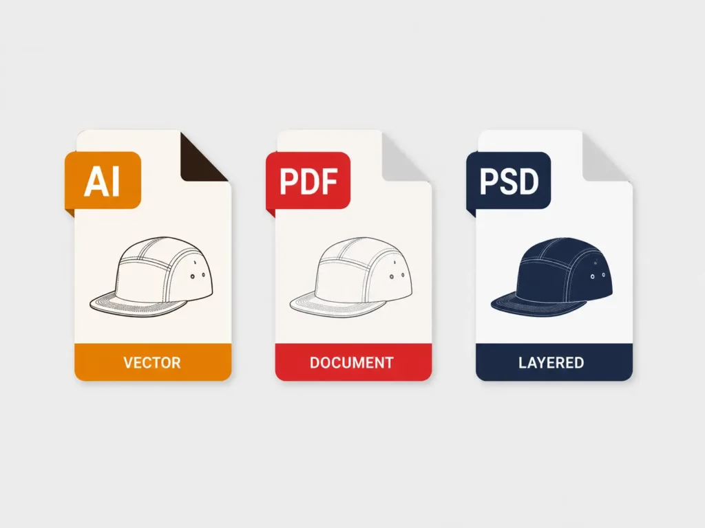 File formats used in a cap tech pack template versus a cap mockup PSD file