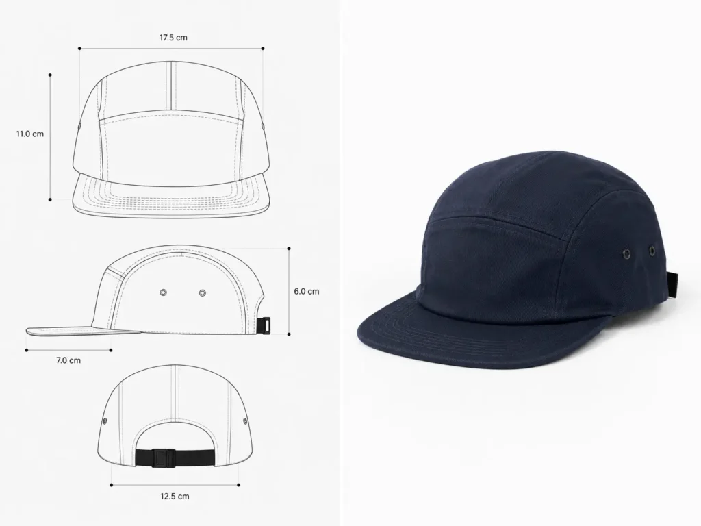 Comparison of a 5-panel cap tech pack template and realistic headwear brand mockups side by side