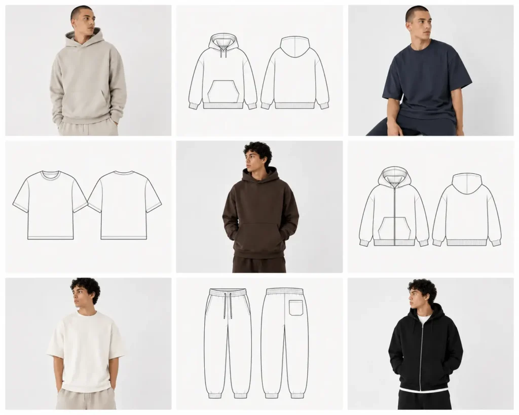 Preview grid of realistic and vector clothing mockup bundle templates for apparel brands