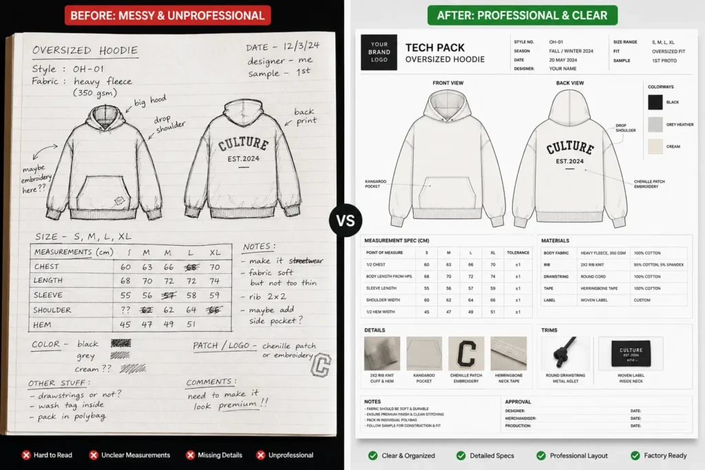 DIY tech pack versus professional puffer jacket tech pack template comparison for factories