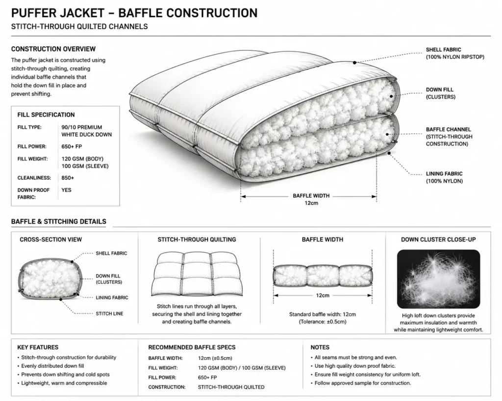 Baffle and quilting construction diagram with fill power labels for down jacket manufacturing