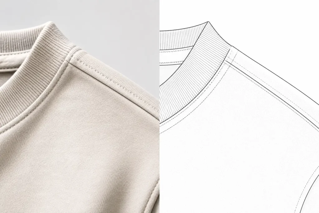 Close up detail comparing fabric texture in realistic mockups versus vector flat lay mockups