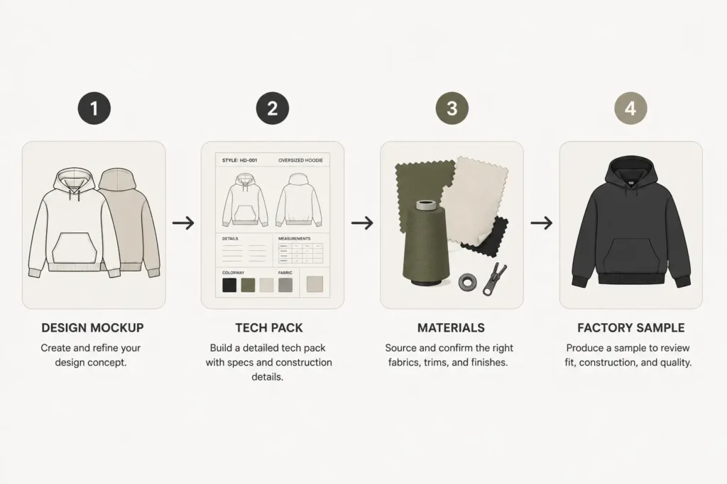 Four-step process flowchart from headwear mockup to cap tech pack template to factory sampling