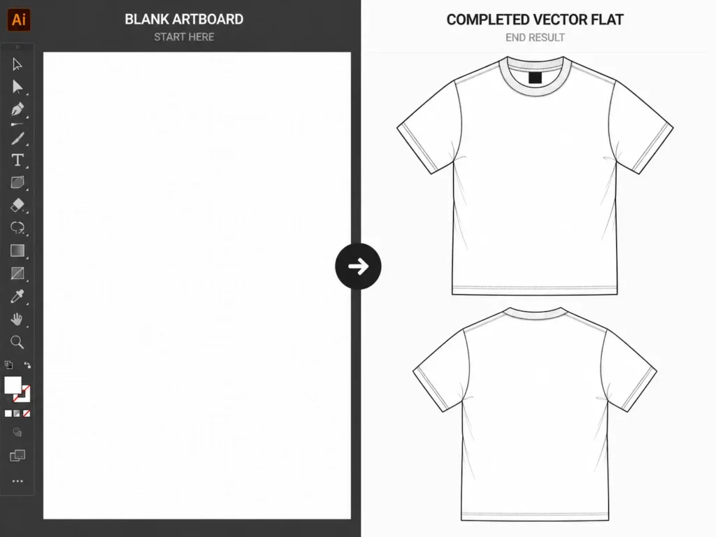 Step by step guide showing how to make a clothing mockup in Illustrator for tech packs