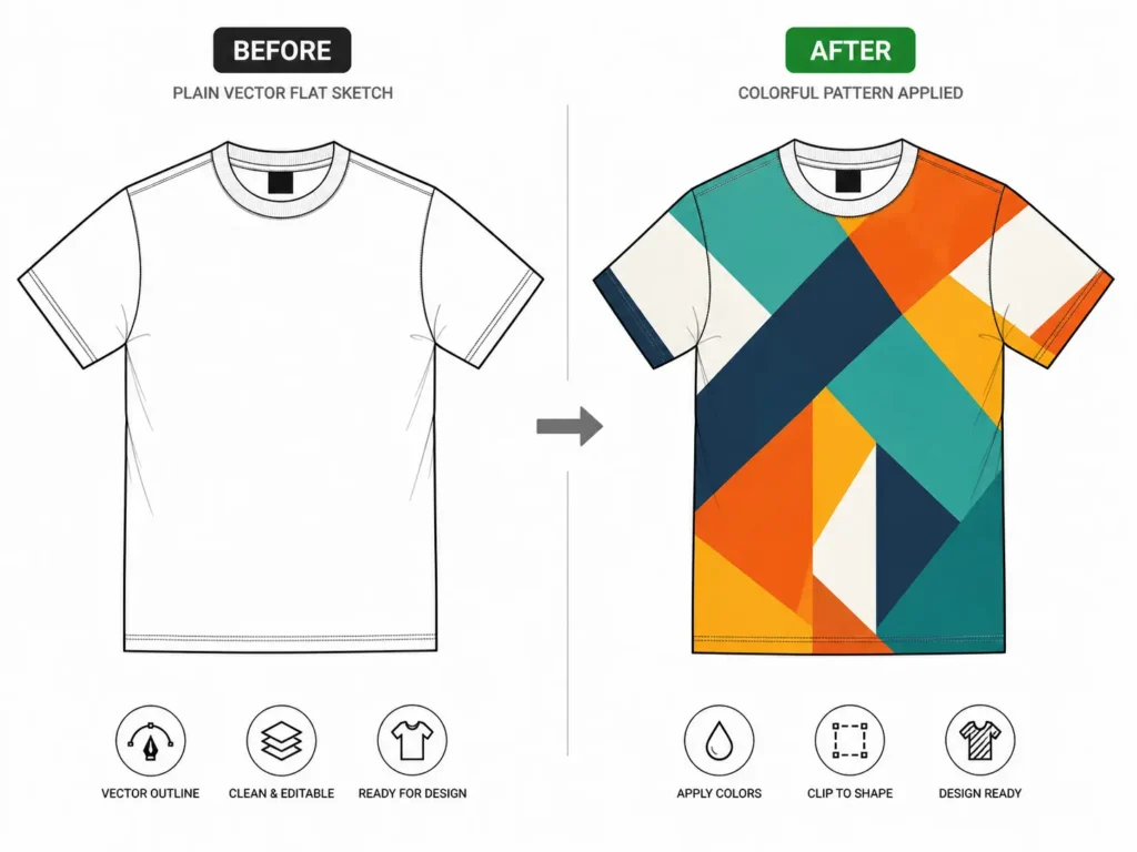 Applying a clipping mask to add a repeating pattern to a vector clothing mockup in Illustrator