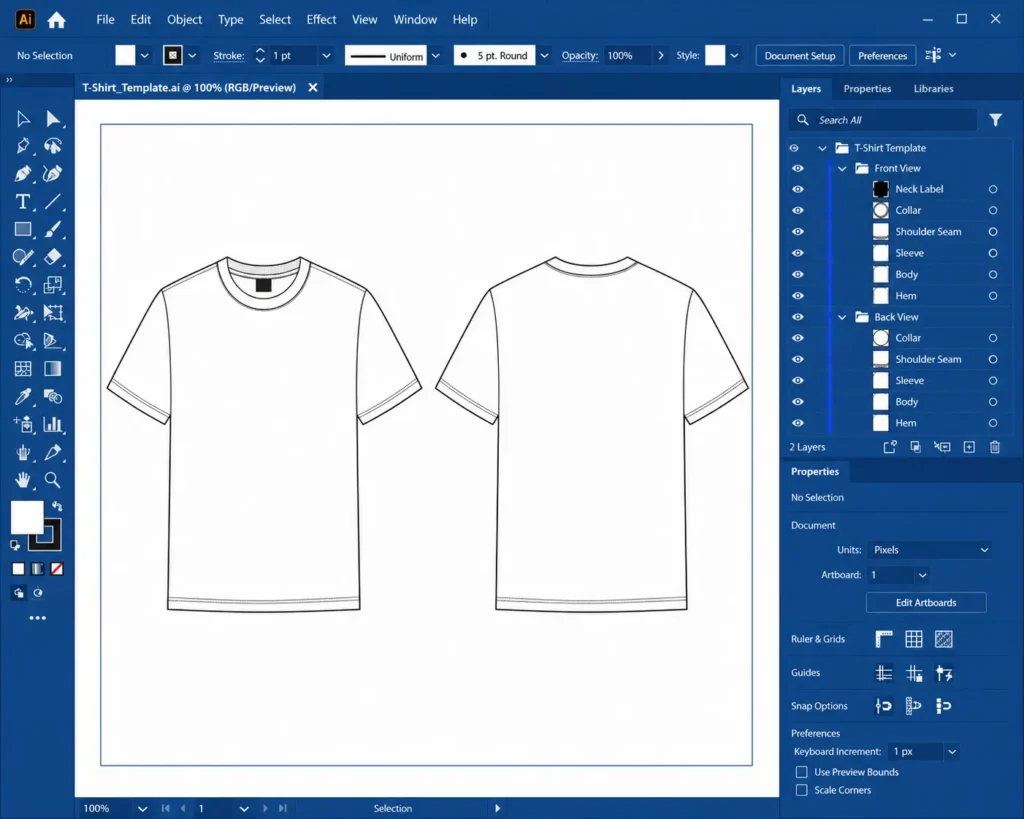 Setting up illustrator clothing mockups file with layers panel and outlined text