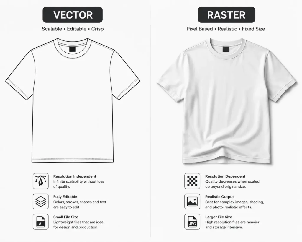 Comparing a vector Illustrator apparel mockup guide flat versus a raster Photoshop clothing render