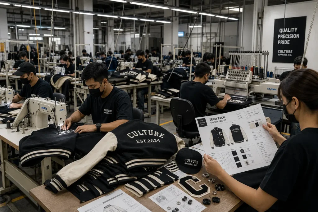 Cut and sew apparel factory producing varsity jackets using professional letterman jacket manufacturing specs.