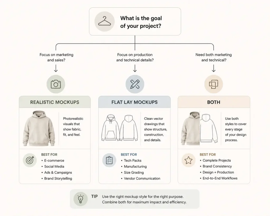 Flowchart to help choose between realistic clothing mockups vs flat lay for your brand