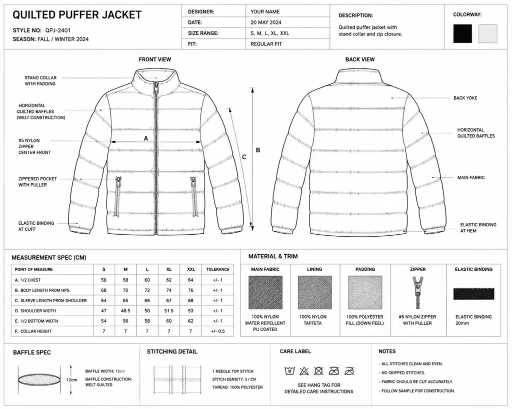Puffer jacket tech pack example showing technical drawings and clothing specs for manufacturing
