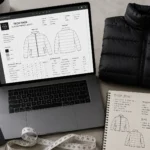 Puffer jacket tech pack workflow showing template, finished sample, and measuring tools