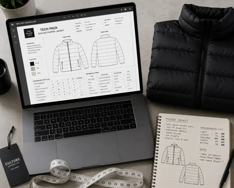 Puffer jacket tech pack workflow showing template, finished sample, and measuring tools