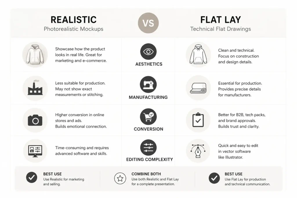 Infographic comparing pros and cons of realistic clothing mockups vs flat lay mockups