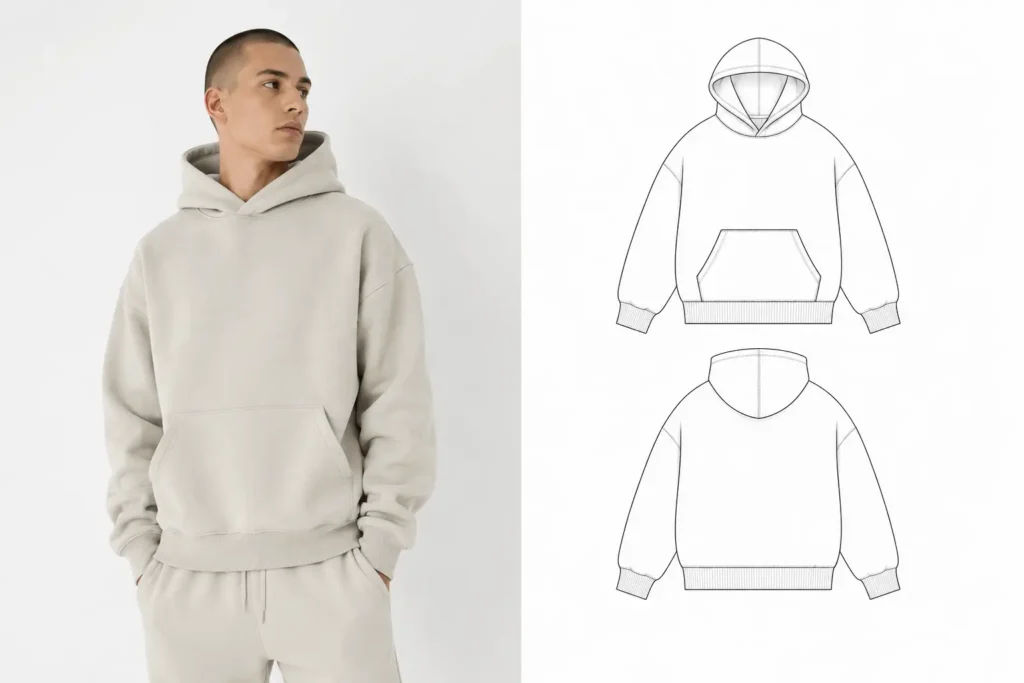 Side by side comparison of realistic clothing mockups vs flat lay templates for fashion design