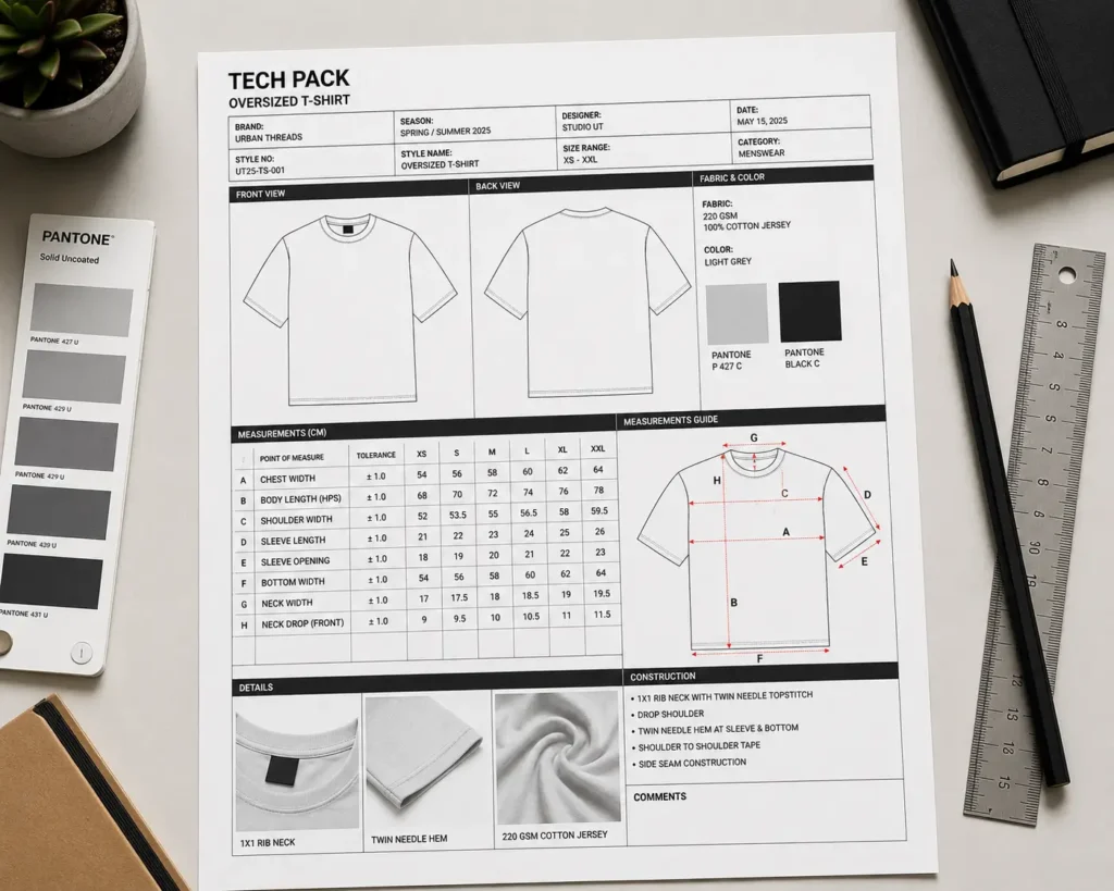 Scalable apparel mockup files used in a streetwear brand tech pack layout