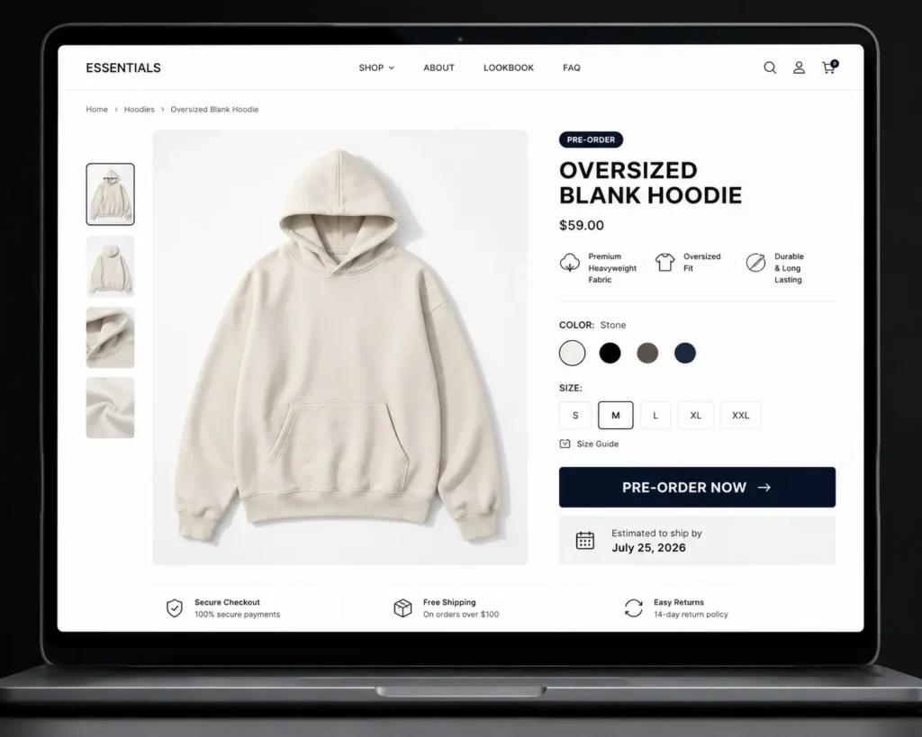 Shopify pre order button setup for clothing brand product page