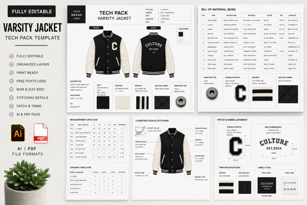 Editable S.i. Graphics varsity jacket tech pack template with manufacturing specs, BOM and sizing for factories.