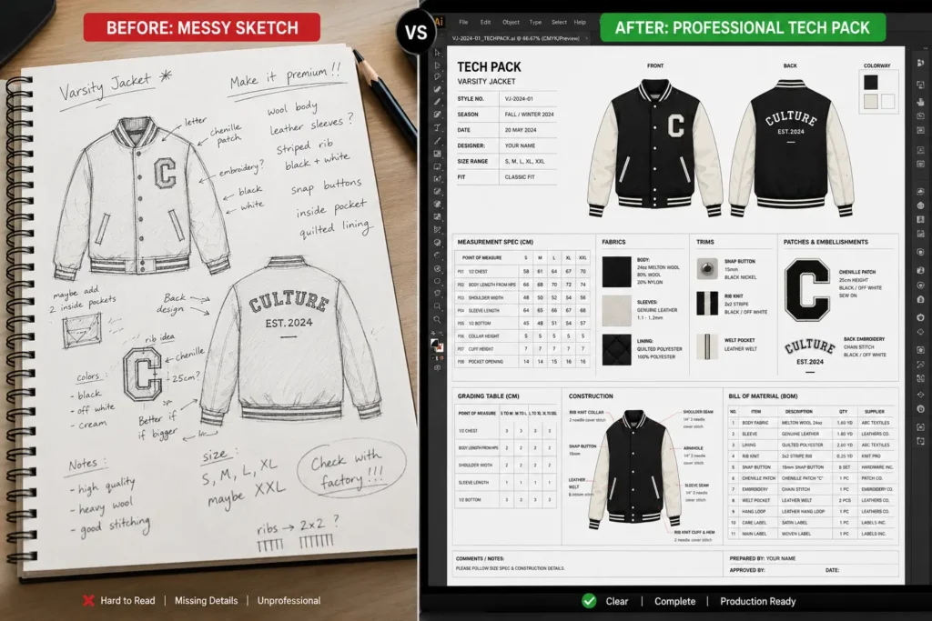 Comparison between DIY varsity jacket clothing template and professional letterman jacket manufacturing specs.