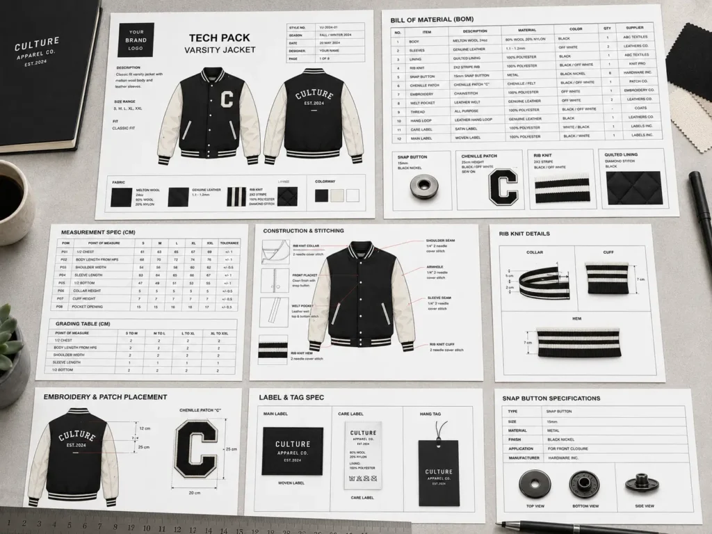 Varsity jacket clothing template displaying BOM, measurements, grading, trims and factory production details.