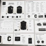 Varsity jacket clothing template displaying BOM, measurements, grading, trims and factory production details.